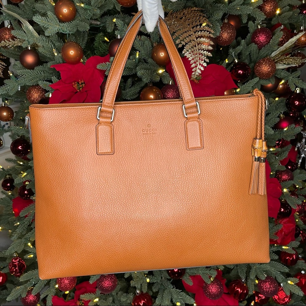 Gucci Terracota Calfskin Pebbled Leather Bamboo Tassel Tote